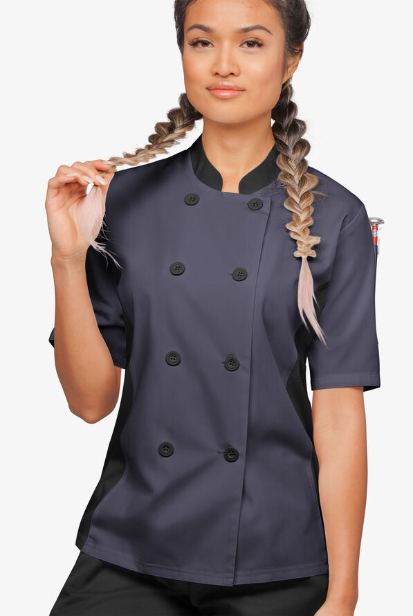 LIGHTWEIGHT Women's Short Sleeve 1-Pocket Tech Mesh Side Panel Chef Coat - Granite/Black - 4
