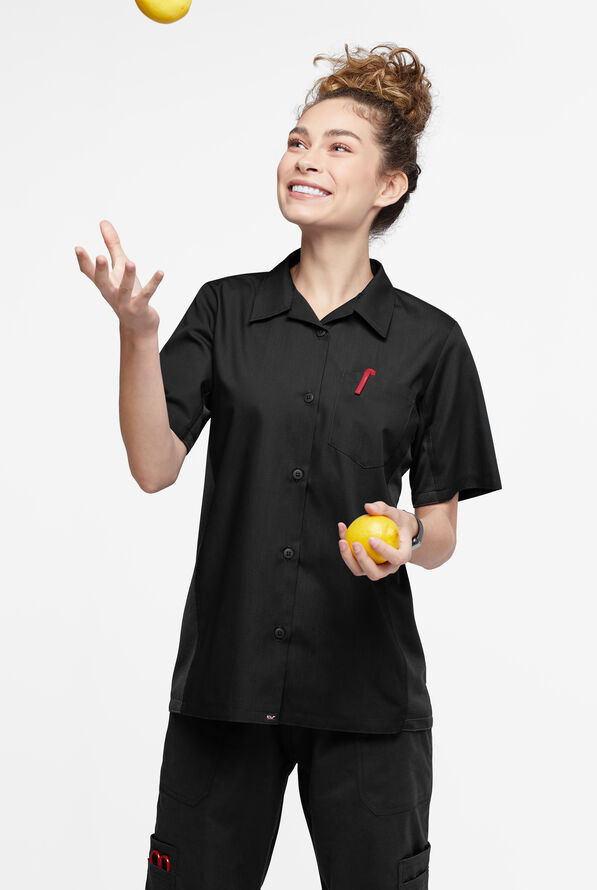 LIGHTWEIGHT Versa  Women's 1-Pocket Button Front Closure Short Sleeve Kitchen Shirt - Black - 4