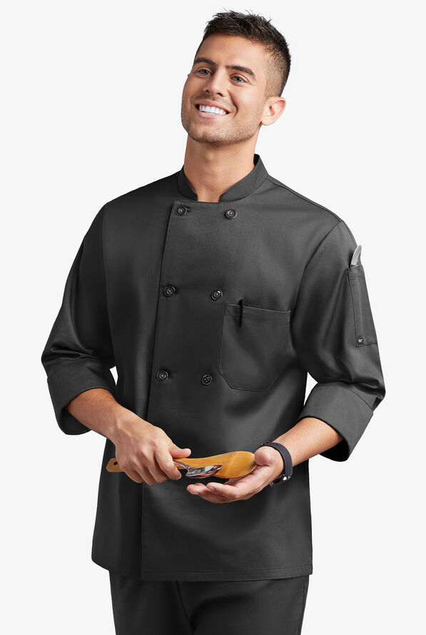On The Line by ChefUniforms.com Men's 2-Pocket Reversible Double Breasted 3/4 Sleeve Chef Coat - Black - 3