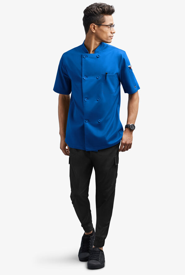 CHEF 360 Men's 2-Pocket Short Sleeve Reversible Double Breasted STRETCH Executive Chef Coat - Royal - 3