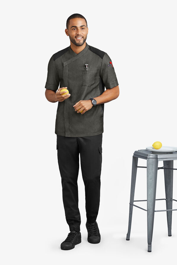 Industry Line Men's 5-Pocket Short Sleeve w/Tech Mesh Panels Chambray Executive Chef Coat - Black Chambray/Black - 4