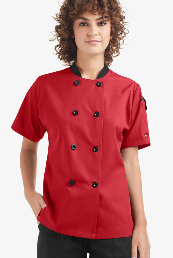 Chaqueta manga corta de gastronomía con doble abotonadura y 1 bolsillo para mujer - Red/Black - 1