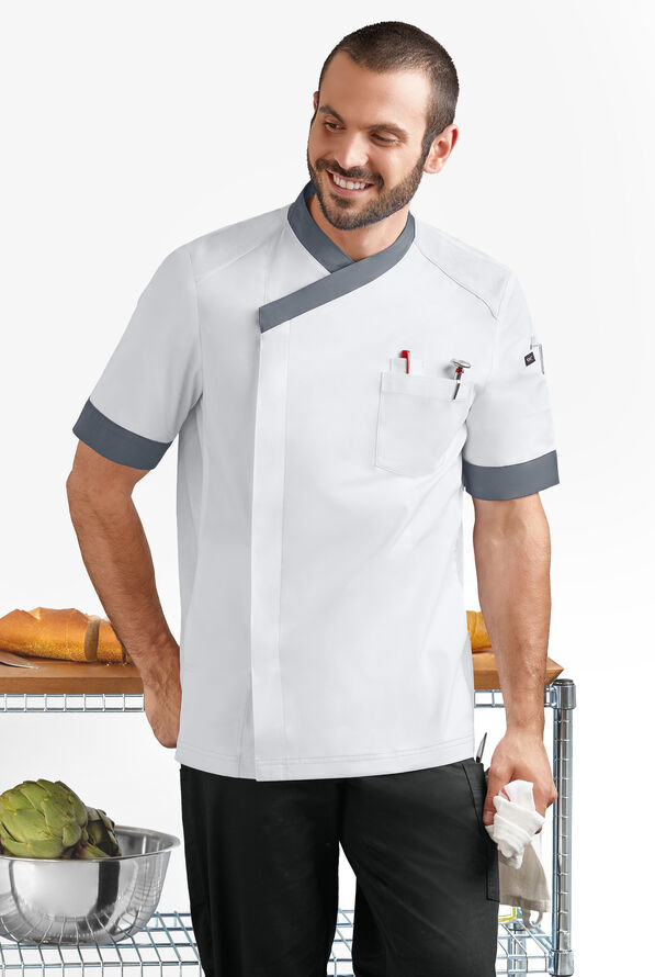CHEF 360 Men's 5-Pocket Short Sleeve Mesh Panel STRETCH Executive Chef Coat - White/Pewter - 5
