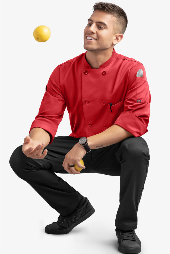 On The Line by ChefUniforms.com Men's 2-Pocket Reversible Double Breasted 3/4 Sleeve Chef Coat - True Red - 4
