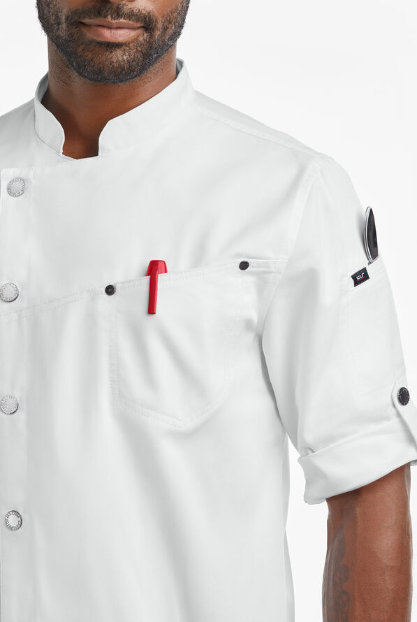 Industry Line Men's 2-Pocket Roll Sleeve with Tech Mesh Back Panel Asymmetrical Executive Chef Coat - White - 3