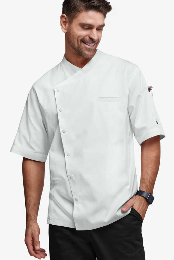 Chaqueta manga corta de gastronomía de corte clásico con botones a presión y paneles de malla para hombre - White - 1