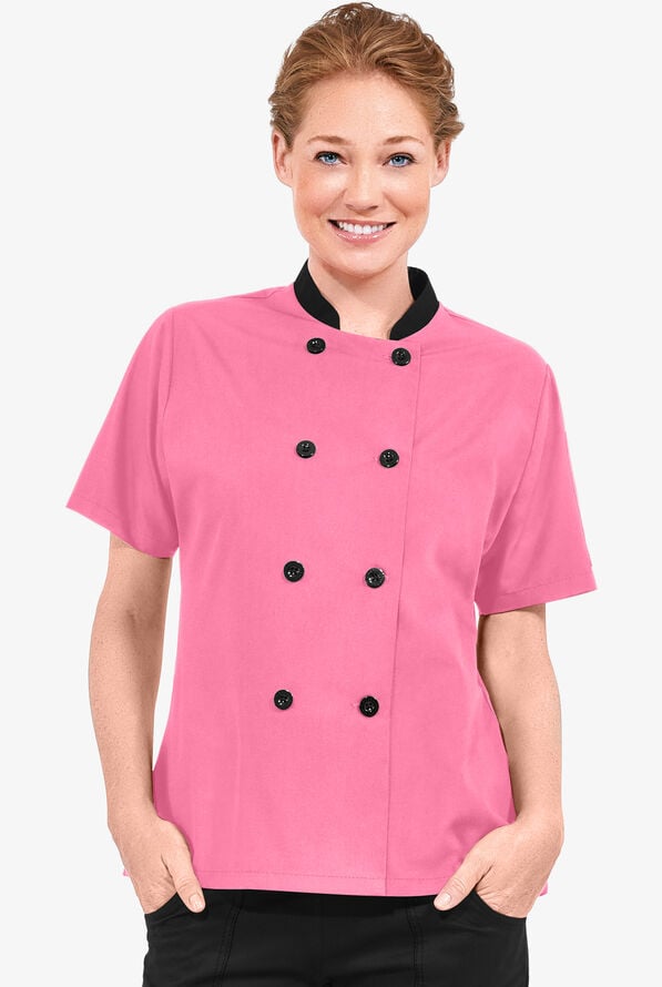 LIGHTWEIGHT Women's 1-Pocket Short Sleeve Double Breasted Chef Coat - Pink/Black - 1