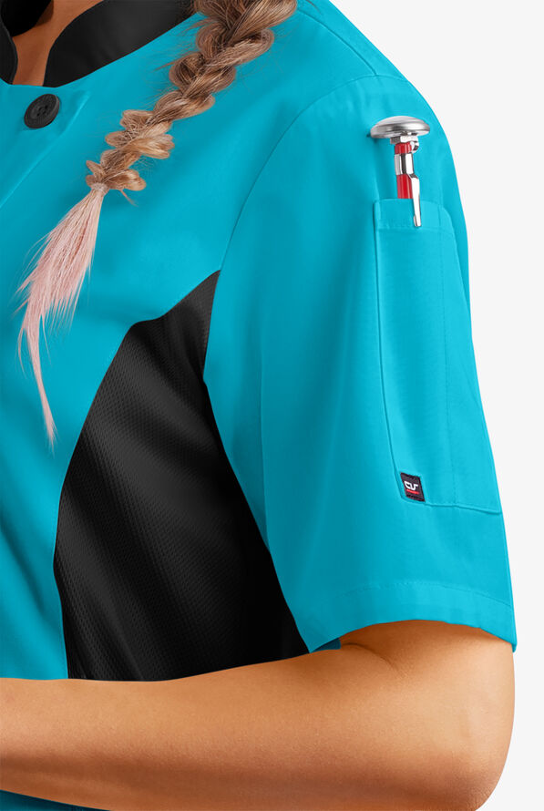 LIGHTWEIGHT Women's Short Sleeve 1-Pocket Tech Mesh Side Panel Chef Coat - Turquoise/Black - 3