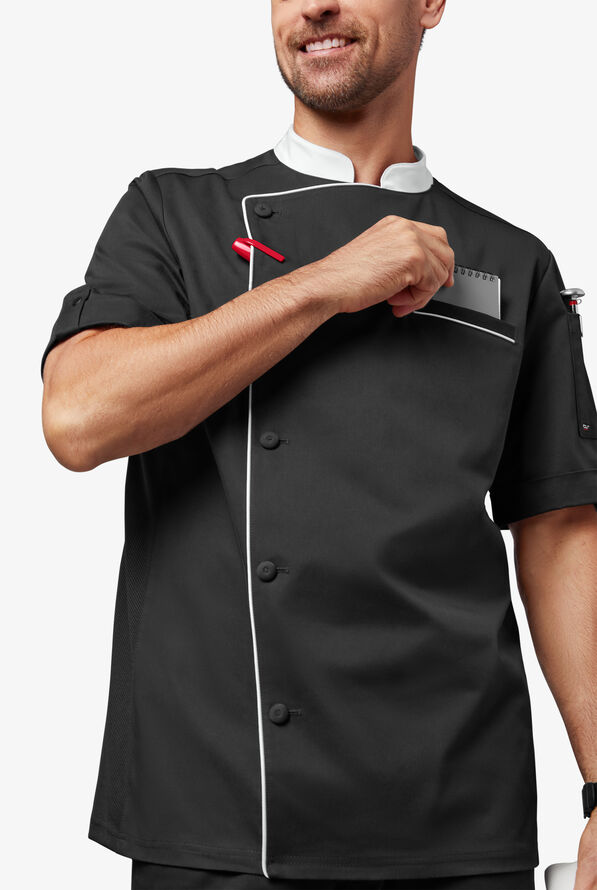 Chef Uniforms Men's Mesh Side Panel Asymmetrical Executive Chef Coat - Black/White - 5