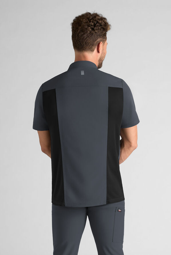 CHEF PERFORMANCE Men's 3- Pocket Asymmetrical Zippered Recycled Fabric Chef Coat - Pewter/Black - 2