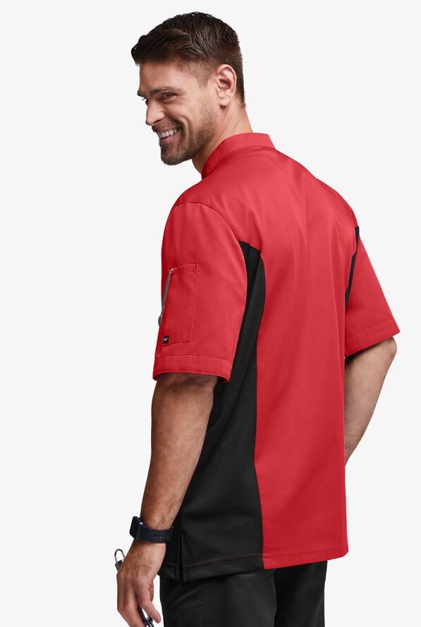 Chef Uniforms Men's 2-Pocket Short Sleeve Snap Front Closure w/ Mesh Side Panels Executive Chef Coat - True Red/Black - 4