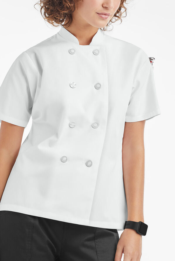 LIGHTWEIGHT Women's 1-Pocket Short Sleeve Double Breasted Chef Coat - White - 5