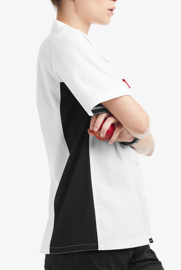 LIGHTWEIGHT Versa  Women's 1-Pocket Button Front Closure Short Sleeve Kitchen Shirt - White/Black - 3