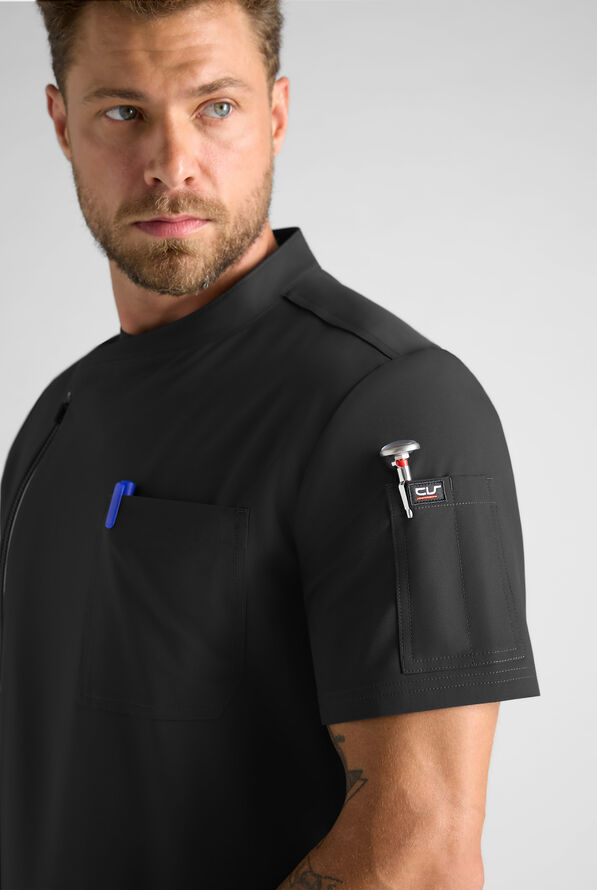 CHEF PERFORMANCE Men's 3- Pocket Asymmetrical Zippered Recycled Fabric Chef Coat - Black/Pewter - 5