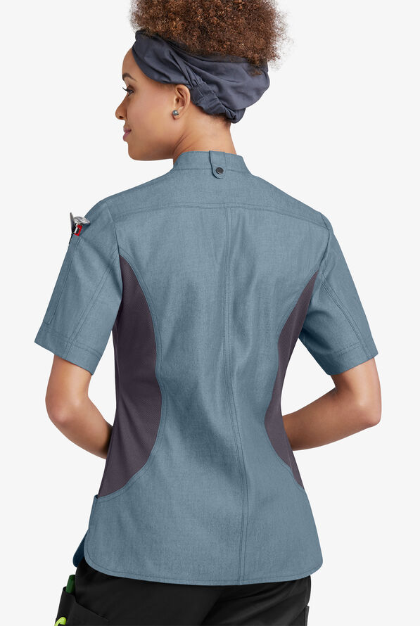 Chaqueta manga corta de gastronomía Industry Line de tela batista con doble abotonadura y paneles de malla para mujer - Light Blue Chambray/Pebble Grey - 2