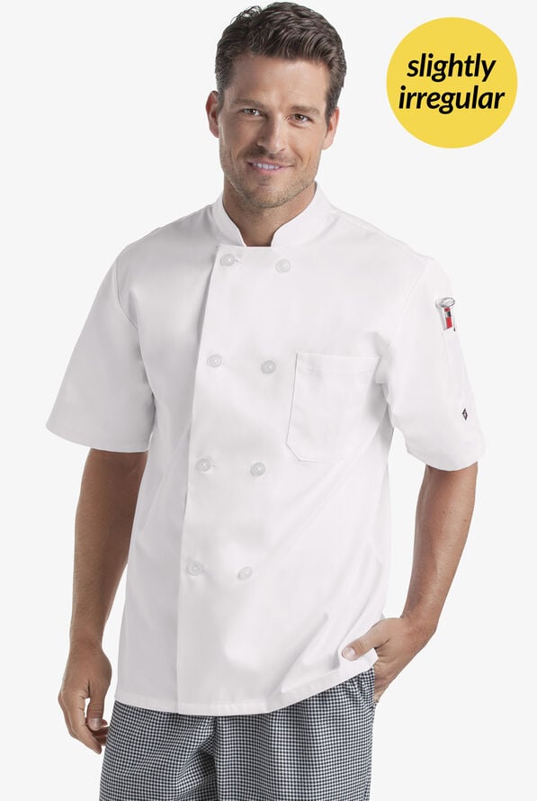 On the Line by ChefUniforms.com Men's 2-Pocket Reversible Double Breasted Short Sleeve Chef Coat - CHALK WHITE - 1