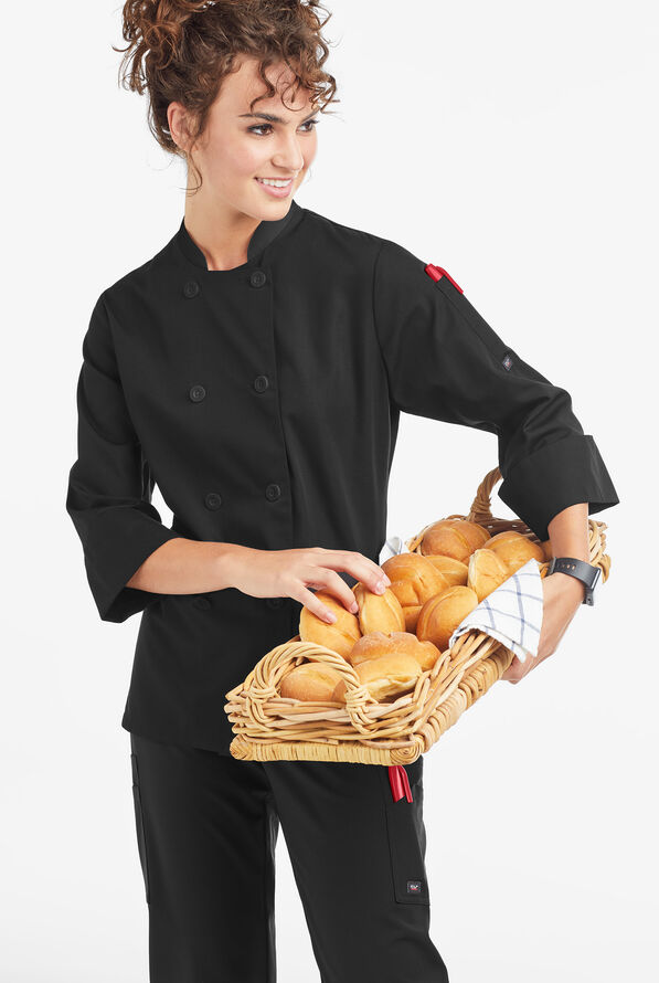 LIGHTWEIGHT Women's 3/4 Sleeve w/ Plastic Buttons Chef Coat - Black - 4
