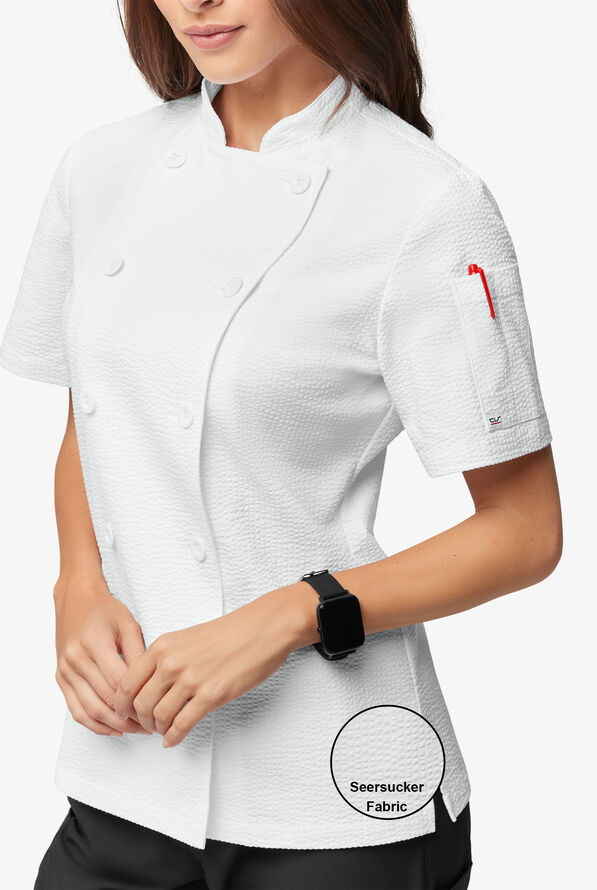 Chef Uniforms Women's Short Sleeve Stretch Seersucker Reversible Double Breasted Coat - White - 2
