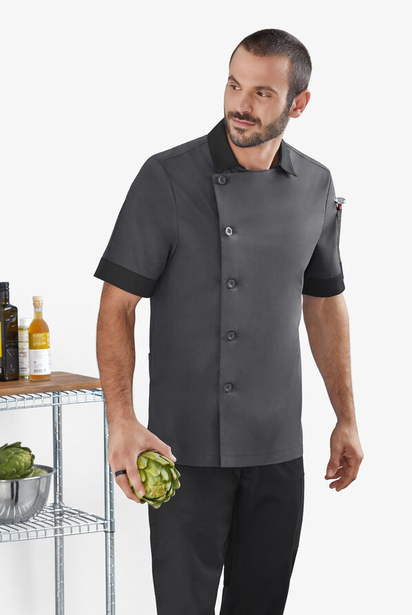 CHEF 360 Men's 3-Pocket Short Sleeve with Mesh Back Panel STRETCH Chef Coat - Pewter/Black - 5