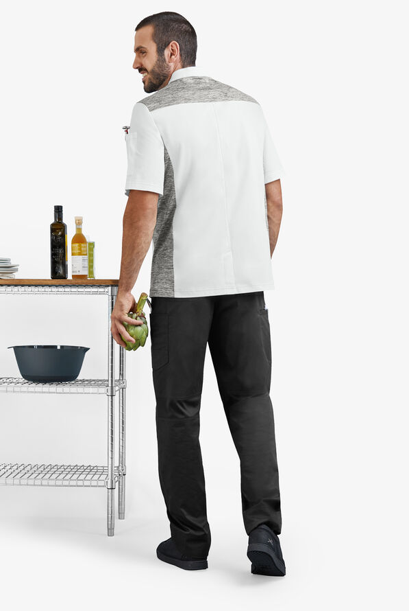 CHEF 360 Men's 2-Pocket Short Sleeve w/ Knit Panels STRETCH Executive Chef Coat - White/Silver Melange - 5
