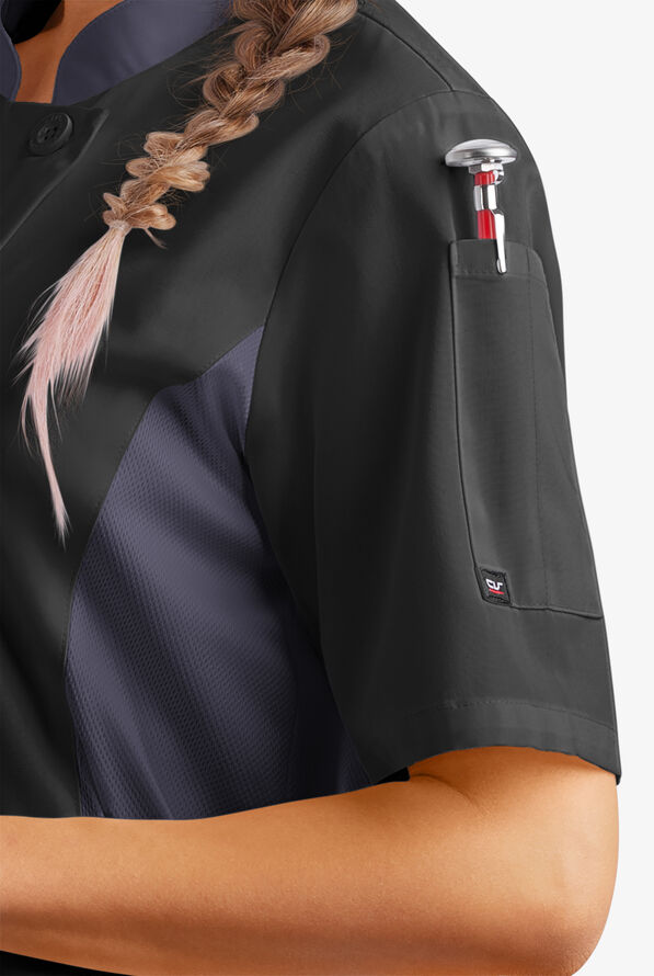 LIGHTWEIGHT Women's Short Sleeve 1-Pocket Tech Mesh Side Panel Chef Coat - Black/Granite - 3