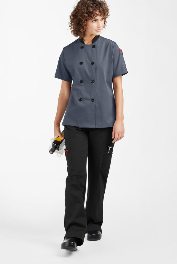 LIGHTWEIGHT Women's 1-Pocket Short Sleeve Double Breasted Chef Coat - Granite/Black - 4