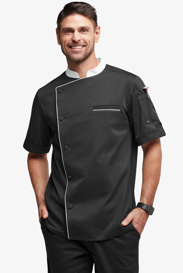 Chef Uniforms Men's Mesh Side Panel Asymmetrical Executive Chef Coat - Black/White - 1