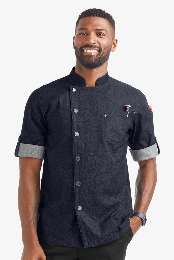 Chaqueta de gastronomía Industry Line Asymmetrical Premium de tela vaquera con mangas enrolladas y paneles traseros de malla para hombre - Blue Denim/Black - 1