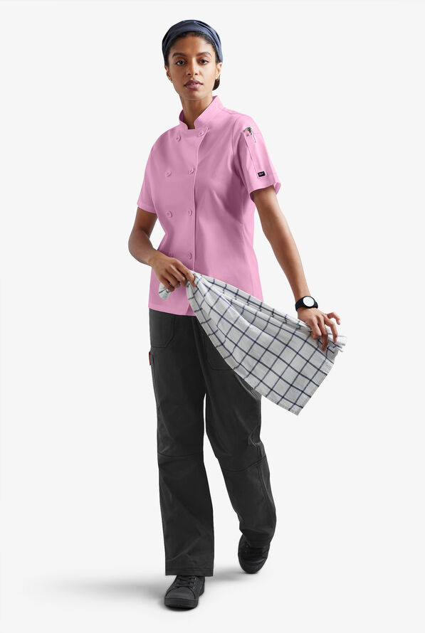 CHEF 360 Women's 1-Pocket Short Sleeve Reversible Double Breasted STRETCH Executive Chef Coat - Sweet Rose - 5