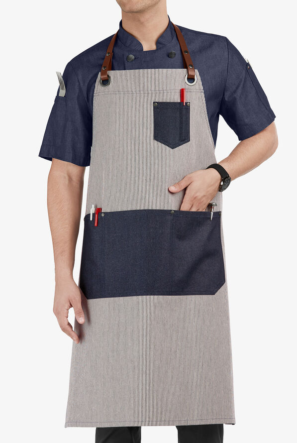 Industry Line Railroad Stripe Denim Unisex 5-Pocket w/ Contrast Pockets Adjustable Bib Chef Apron - null - 1