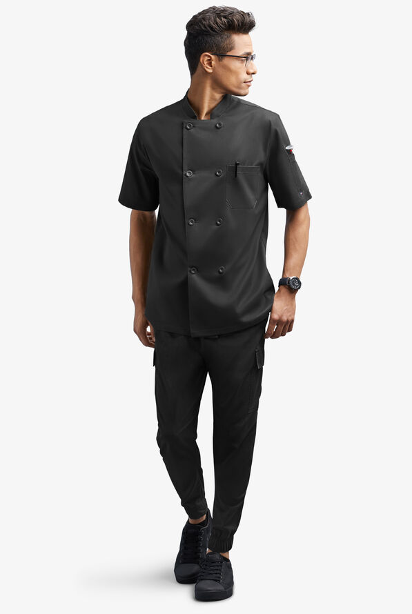 CHEF 360 Men's 2-Pocket Short Sleeve Reversible Double Breasted STRETCH Executive Chef Coat - Black - 3
