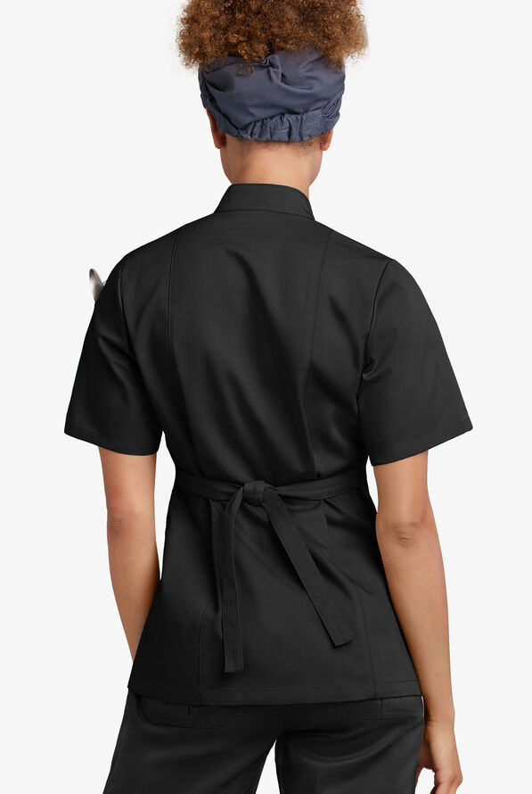 Chaqueta manga corta de gastronomía con 3 bolsillos y botones de tela anudada para mujer - Black - 2