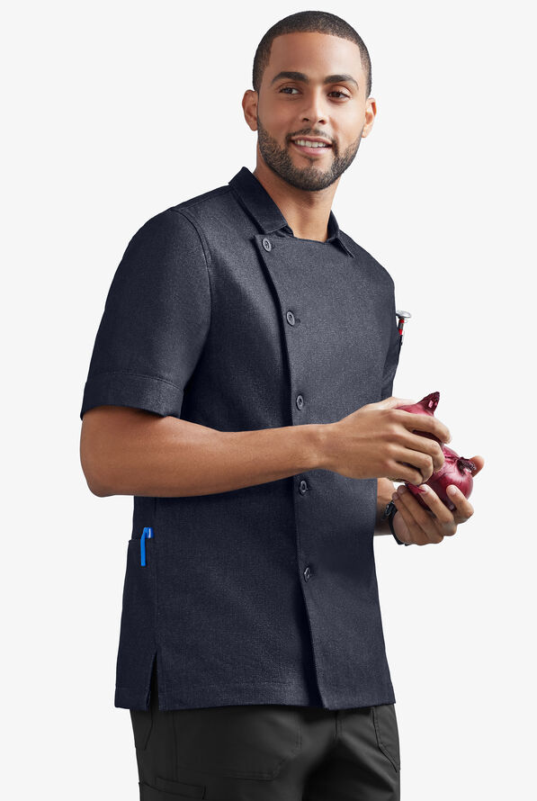 Industry Line Men's 2-Pocket Short Sleeve w/ Tech Mesh Back Panel Denim Chef Coat - Blue Denim/Navy - 5