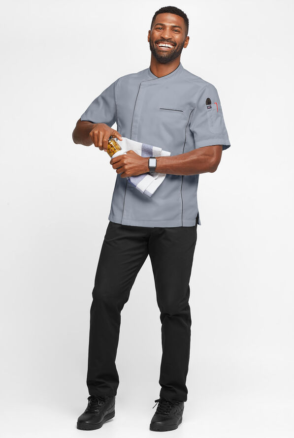 Chef Uniforms Men's 2-Pocket Short Sleeve Snap Closure with MESH Back Panels Executive Chef Coat - Light Grey/Black/Granite - 4