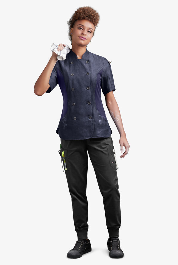 Industry Line Women's 3-Pocket Short Sleeve Chambray w/Tech Mesh Panels Executive Chef Coat - Blue Chambray/Navy - 4