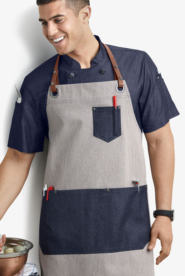 Industry Line Railroad Stripe Denim Unisex 5-Pocket w/ Contrast Pockets Adjustable Bib Chef Apron - null - 2