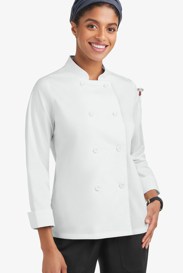 Elegante chaqueta de cocina para mujer, de color blanco con cola por  detrás.