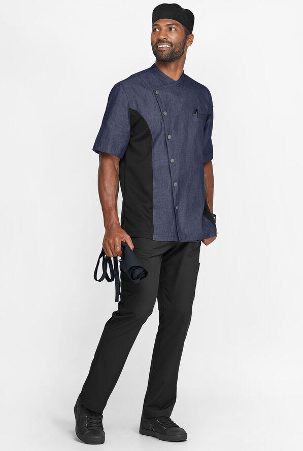 Industry Line Men's 2-Pocket Short Sleeve Chambray w/Tech Mesh Side Panels Executive Chef Coat - Blue/Black - 4