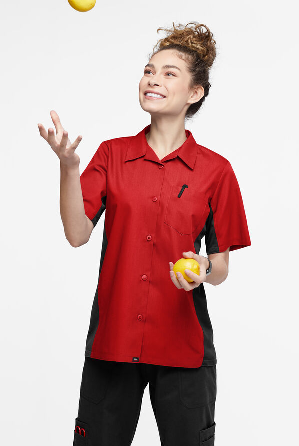 LIGHTWEIGHT Versa  Women's 1-Pocket Button Front Closure Short Sleeve Kitchen Shirt - Red/Black - 4