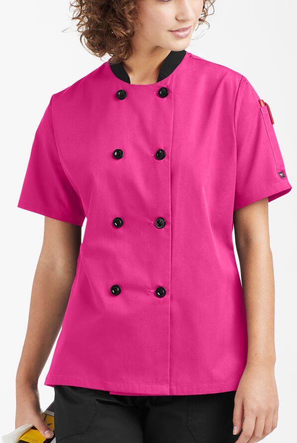 LIGHTWEIGHT Women's 1-Pocket Short Sleeve Double Breasted Chef Coat - Fuchsia/Black - 5