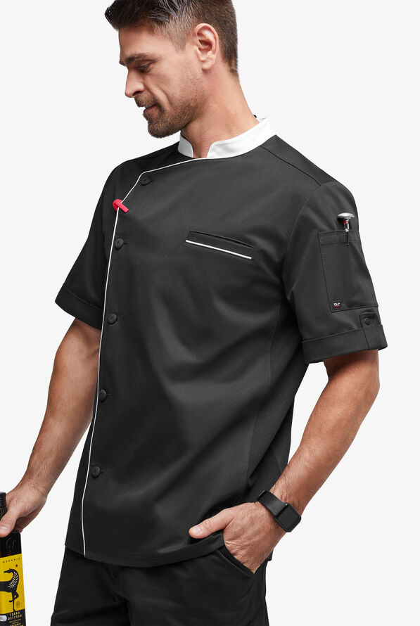 Chef Uniforms Men's Mesh Side Panel Asymmetrical Executive Chef Coat - Black/White - 2