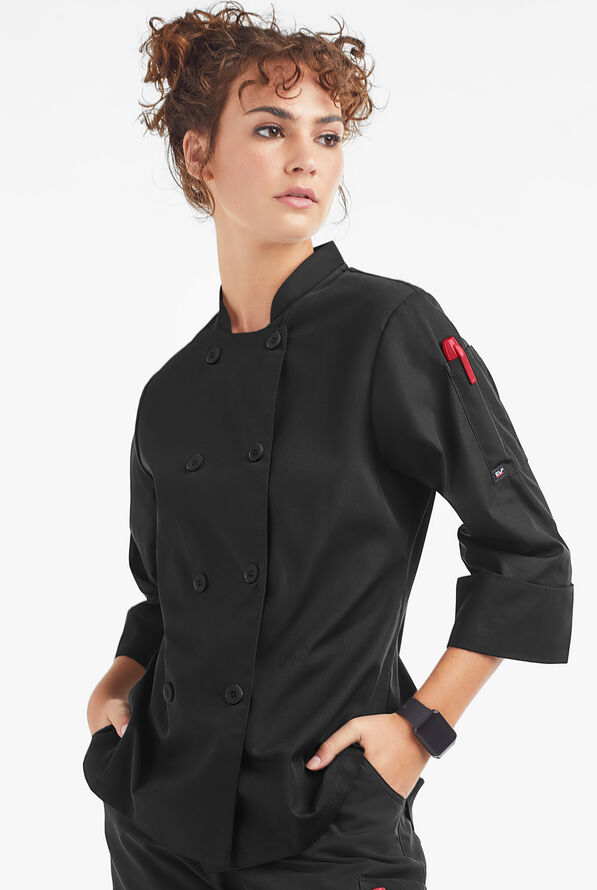 Chaqueta de gastronomía con mangas 3/4 y botones de plástico para mujer - Black - 1