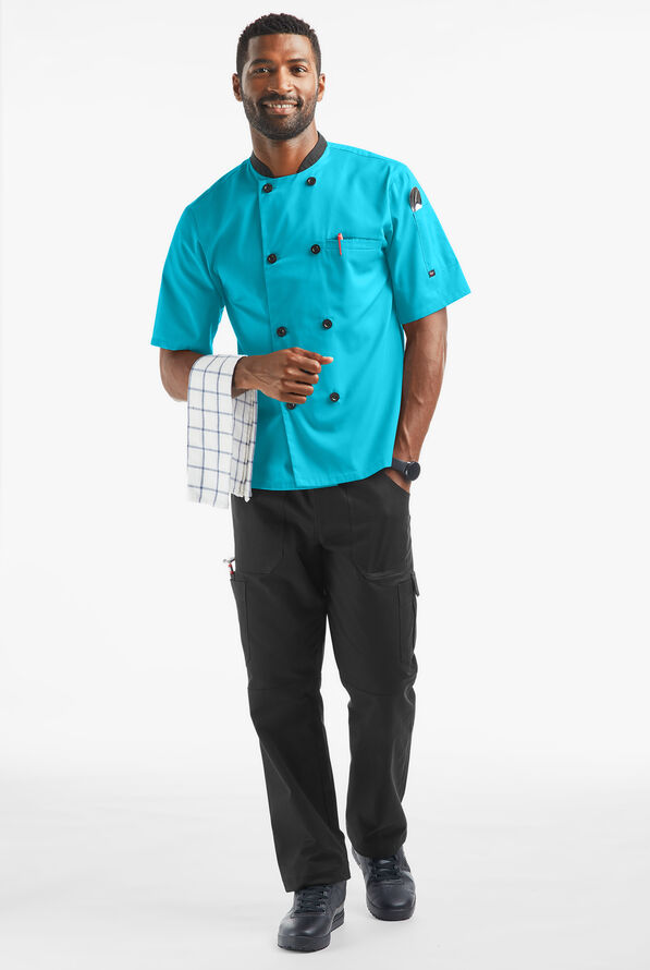 LIGHTWEIGHT Men's Double Breasted w/ Plastic Buttons Chef Coat - Turquoise/Black - 4