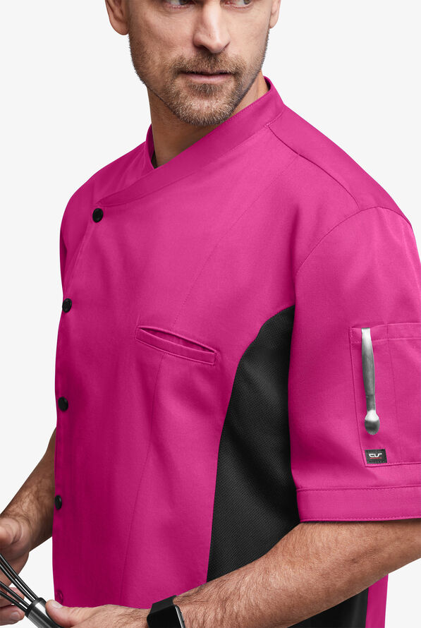 Chaqueta manga corta de gastronomía de corte clásico con botones a presión y paneles de malla para hombre - Hot Pink/Black - 2
