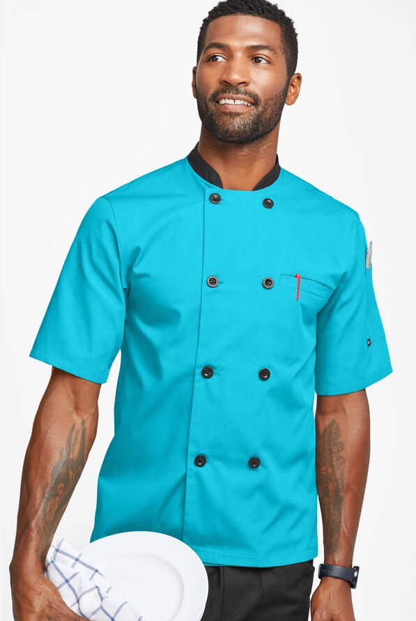 Chaqueta de chef liviana con doble abotonadura y botones de plástico para hombre - Turquoise/Black - 1