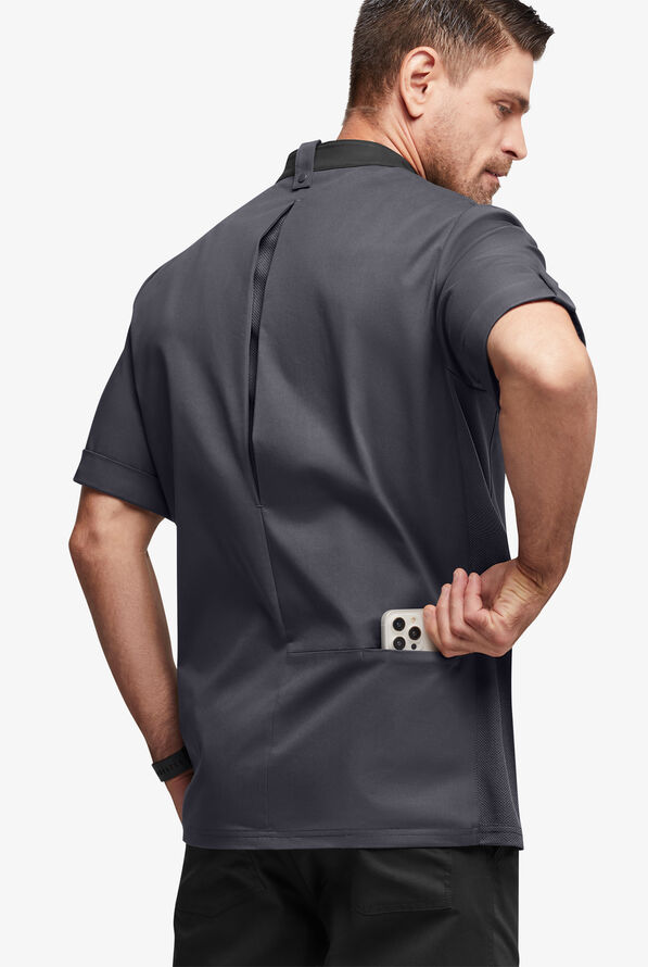 Chef Uniforms Men's Mesh Side Panel Asymmetrical Executive Chef Coat - Pewter/Black - 4