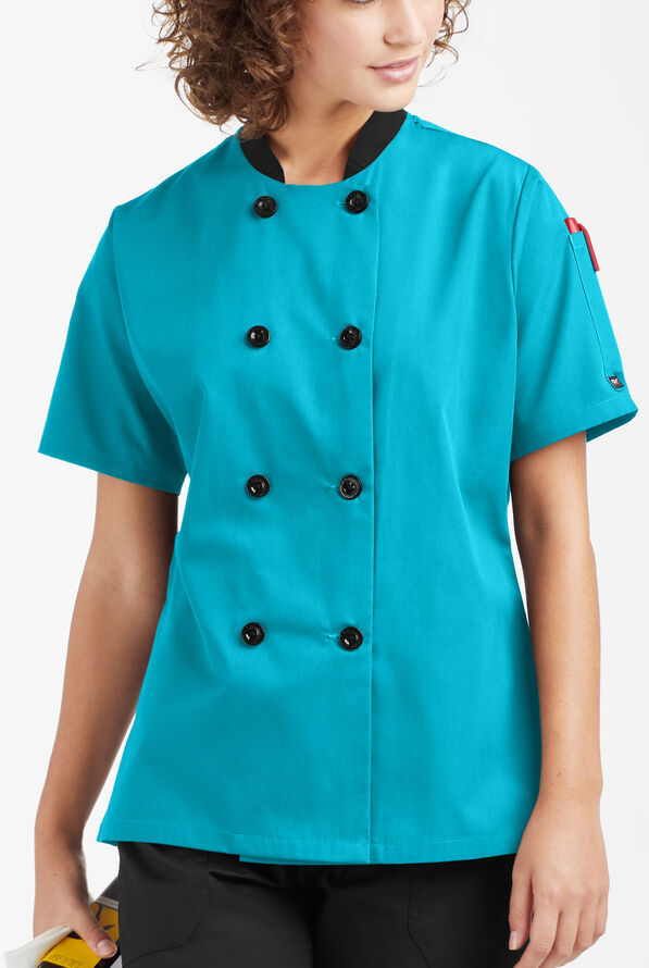 LIGHTWEIGHT Women's 1-Pocket Short Sleeve Double Breasted Chef Coat - Turquoise/Black - 5