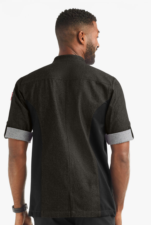 Chaqueta de gastronomía Industry Line Asymmetrical Premium de tela vaquera con mangas enrolladas y paneles traseros de malla para hombre - Black Denim - 2