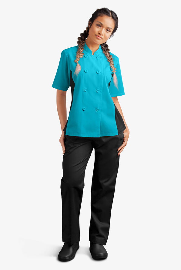 Women's -LIGHTWEIGHT- Short Sleeve Coat with -MESH- Side Panels - **SLIGHTLY IRREGULAR** - Turquoise/Black - 6