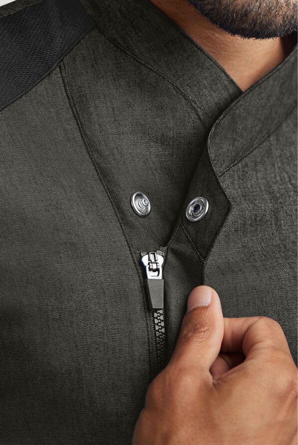 Industry Line Men's 5-Pocket Short Sleeve w/Tech Mesh Panels Chambray Executive Chef Coat - Black Chambray/Black - 3